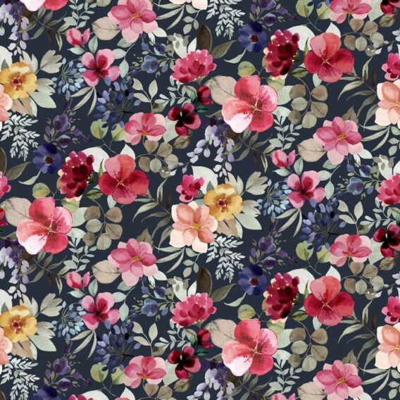 0,5m Bio Jersey Stoff mit wunderschönen watercolor Blumen auf navy – mit rosa, pink, orange, gelb, lila, blau, grün – Damen und Mädchen Stoff – Digital – GOTS