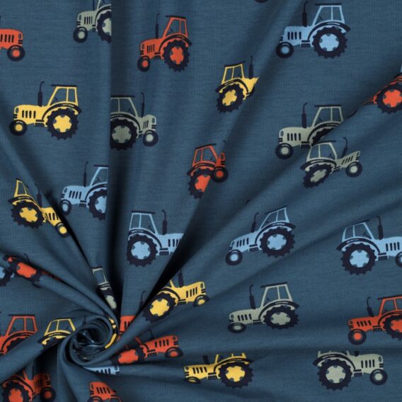 0,5m Jersey Stoff mit Traktoren auf petrol / blau – mit blau, orange, gelb, grün – Jungen Kinderstoff – Ökotex