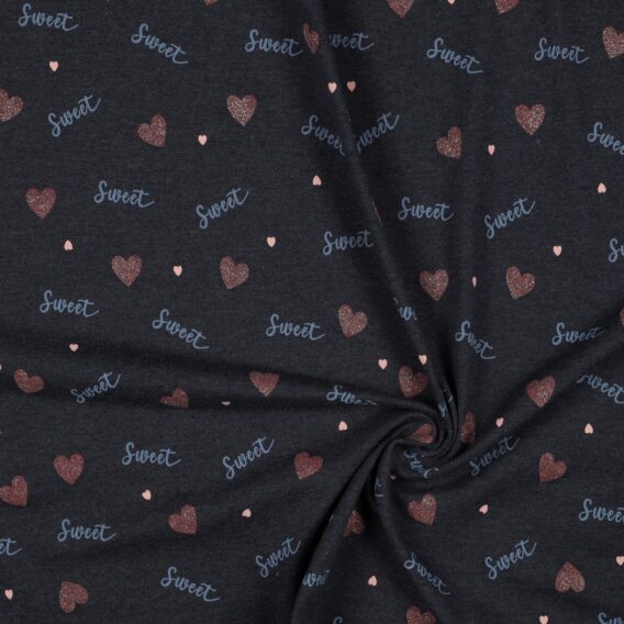 0,5m Jersey Stoff mit Sweet Hearts – Glitzer Herzen in rosa auf indigo blau – Glitter Mädchen Kinderstoff – Ökotex