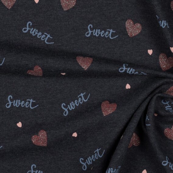0,5m Jersey Stoff mit Sweet Hearts – Glitzer Herzen in rosa auf indigo blau – Glitter Mädchen Kinderstoff – Ökotex