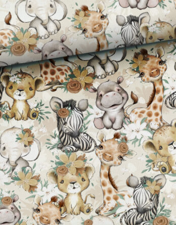 Kombi Maedchen 348x445 - 0,5m French Terry Stoff (Sommersweat) mit Wildtiere - Löwe, Gepard, Nilpferd, Elefant, Giraffe und Zebra - Jungen Tiere Kombistoff - Steppenliebe - Digital - Ökotex - Meterware