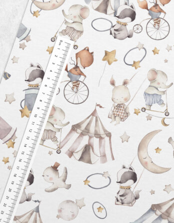 0,5m leichter Jersey Stoff mit Tiere im Zirkus wie Füchse, Hasen, Waschbären, Elefanten – Baumwolljersey Kinderstoff für Jungen und Mädchen zum Nähen – Digital – Ökotex – Zirkusliebe