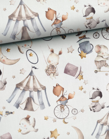 0,5m leichter Jersey Stoff mit Tiere im Zirkus wie Füchse, Hasen, Waschbären, Elefanten – Baumwolljersey Kinderstoff für Jungen und Mädchen zum Nähen – Digital – Ökotex – Zirkusliebe