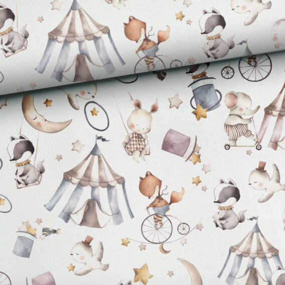 0,5m Premium Baumwollstoff mit Tiere im Zirkus – Fuchs, Hase, Dachs, Elefant, Waschbär – Mädchen und Jungen Kinderstoff – Digital – Ökotex – Zirkusliebe