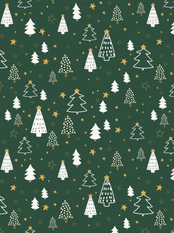 0,5m Baumwollstoff mit Christbäume und Sterne im Winter – grün gold weiß – Weihnachten Winterwald – Ökotex