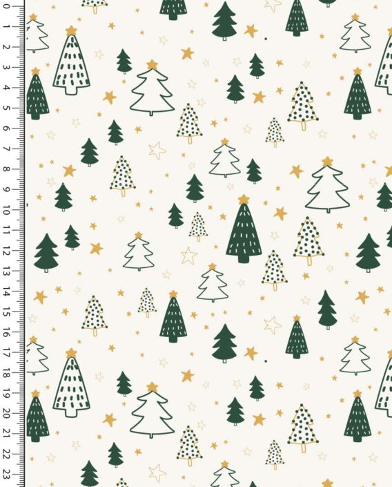 0,5m Baumwollstoff mit Christbäume und Sterne im Winter – grün gold weiß – Weihnachten Winterwald – Ökotex