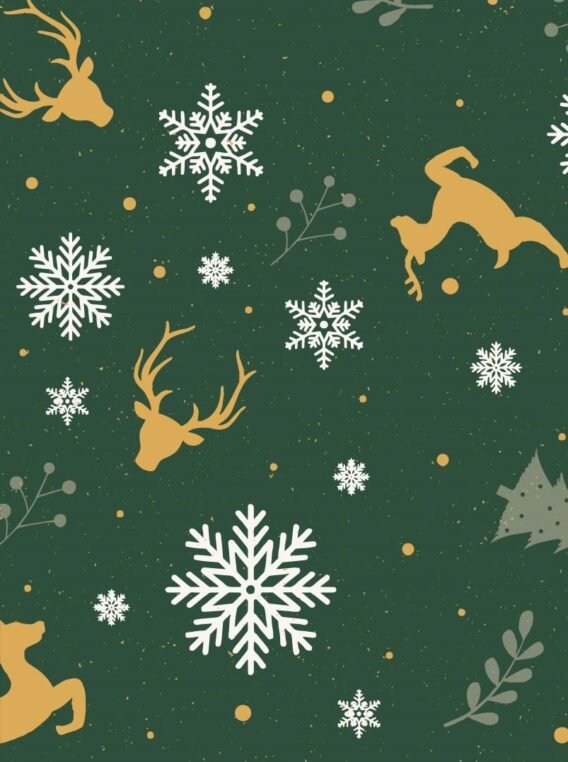 0,5m Baumwollstoff mit Sterne, Schneeflocken, Hirsche und Christbäume im Winter – grün gold weiß – Weihnachten Winterwald – Ökotex