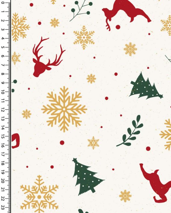 0,5m Baumwollstoff mit Sterne, Schneeflocken, Hirsche und Christbäume im Winter – rot grün gold weiß – Weihnachten Winterwald – Ökotex