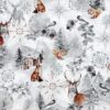 0,5m Baumwollstoff mit Hirsche, Füchse und Eichhörnchen sowie Sterne, Schneeflocken und Hütten im Schnee – grau braun silber weiß – Winter Weihnachtsstoff mit Motive für Weihnachten – Winterwald