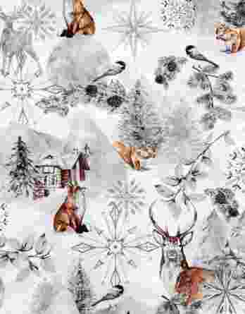 0,5m Baumwollstoff mit Hirsche, Füchse und Eichhörnchen sowie Sterne, Schneeflocken und Hütten im Schnee – grau braun silber weiß – Winter Weihnachtsstoff mit Motive für Weihnachten – Winterwald
