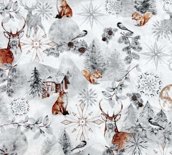 0,5m Baumwollstoff mit Hirsche, Füchse und Eichhörnchen sowie Sterne, Schneeflocken und Hütten im Schnee – grau braun silber weiß – Winter Weihnachtsstoff mit Motive für Weihnachten – Winterwald