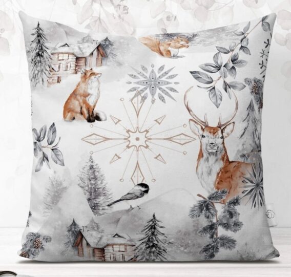 0,5m Baumwollstoff mit Hirsche, Füchse und Eichhörnchen sowie Sterne, Schneeflocken und Hütten im Schnee – grau braun silber weiß – Winter Weihnachtsstoff mit Motive für Weihnachten – Winterwald