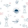 Meterware ab 25cm: 0,25m maritimer Baumwollstoff mit Fische, Leuchtturm und Boote am Meer – Meerestiere, Muscheln, Rochen, Quallen, usw. – Sommer Kinderstoff – Digital – Ökotex – Happy Sea
