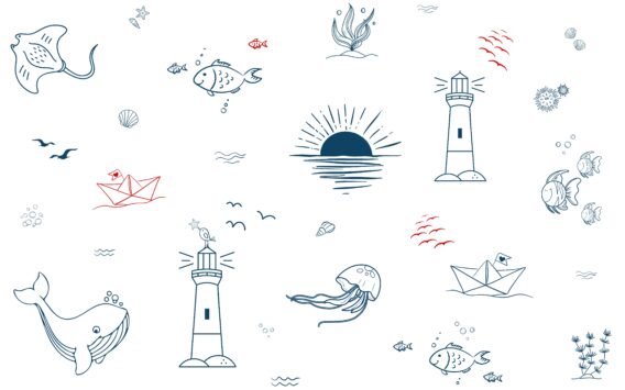 Meterware ab 25cm: 0,25m maritimer Baumwollstoff mit Fische, Leuchtturm und Boote am Meer – Meerestiere, Muscheln, Rochen, Quallen, usw. – Sommer Kinderstoff – Digital – Ökotex – Happy Sea