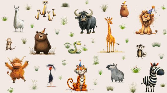 Meterware ab 25cm: 0,25m Baumwollstoff mit Wildtiere der Savanne – Löwe, Tiger, Erdmännchen, Tapir, Alpaka, Giraffe, Bär, Yak, usw. – Mädchen und Jungen Kinderstoff – Digital – Ökotex – Safariliebe
