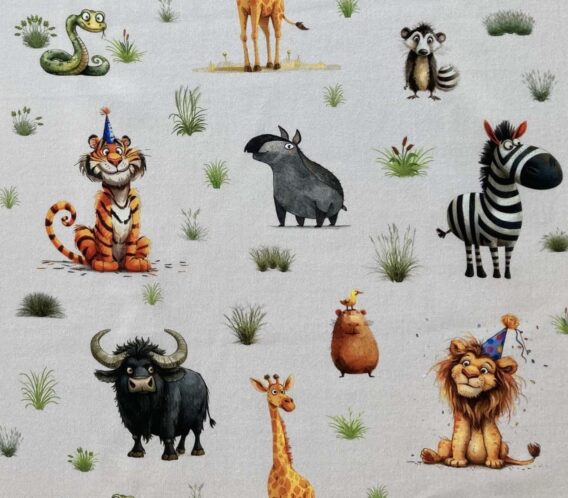 Meterware ab 25cm: 0,25m Baumwollstoff mit Wildtiere der Savanne – Löwe, Tiger, Erdmännchen, Tapir, Alpaka, Giraffe, Bär, Yak, usw. – Mädchen und Jungen Kinderstoff – Digital – Ökotex – Safariliebe