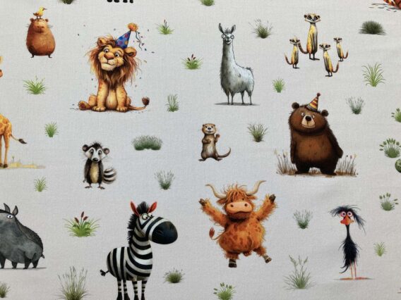 Meterware ab 25cm: 0,25m Baumwollstoff mit Wildtiere der Savanne – Löwe, Tiger, Erdmännchen, Tapir, Alpaka, Giraffe, Bär, Yak, usw. – Mädchen und Jungen Kinderstoff – Digital – Ökotex – Safariliebe