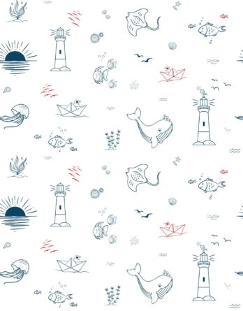 Meterware ab 25cm: 0,25m maritimer Baumwollstoff mit Fische, Leuchtturm und Boote am Meer – Meerestiere, Muscheln, Rochen, Quallen, usw. – Sommer Kinderstoff – Digital – Ökotex – Happy Sea