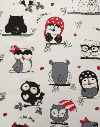 0,5m fester Baumwollstoff mit süße Eulen in Meterware – Mädchen Kinderstoff mit Tiere in rot schwarz weiß – Digital – Ökotex