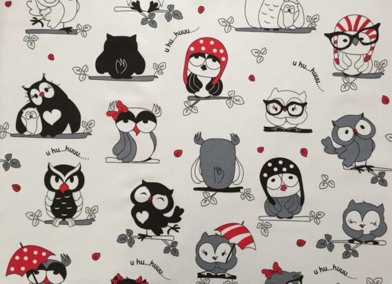 0,5m fester Baumwollstoff mit süße Eulen in Meterware – Mädchen Kinderstoff mit Tiere in rot schwarz weiß – Digital – Ökotex