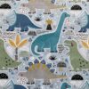 0,5m fester Jungen Dino Baumwollstoff mit Tiere – Dinosaurier auf blau – grün orange grau – Digital – Ökotex
