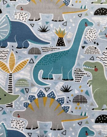 0,5m fester Jungen Dino Baumwollstoff mit Tiere – Dinosaurier auf blau – grün orange grau – Digital – Ökotex