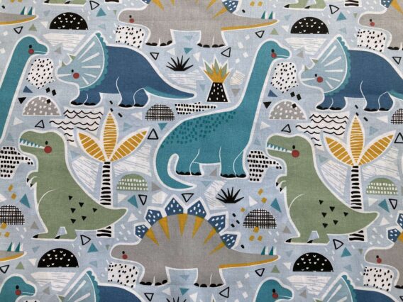 0,5m fester Jungen Dino Baumwollstoff mit Tiere – Dinosaurier auf blau – grün orange grau – Digital – Ökotex