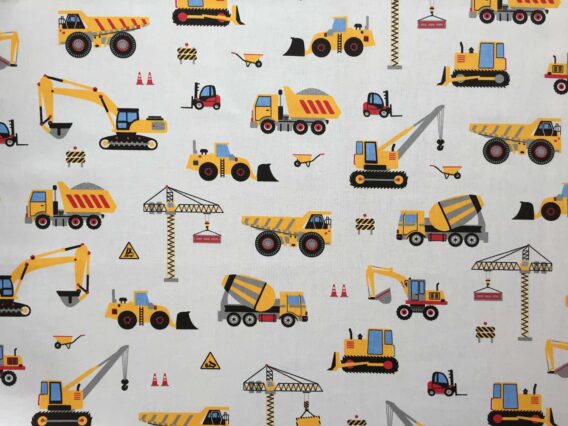 0,5m fester Jungen Baumwollstoff mit Fahrzeuge auf der Baustelle – blau gelb orange rot grau – Baustellenfahrzeuge Bagger Kipper Kran Raupe Stapler – Digital – Ökotex