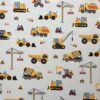 0,5m fester Jungen Baumwollstoff mit Fahrzeuge auf der Baustelle – blau gelb orange rot grau – Baustellenfahrzeuge Bagger Kipper Kran Raupe Stapler – Digital – Ökotex