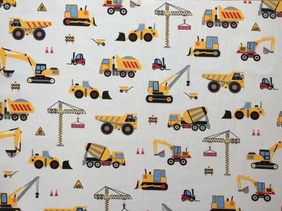 0,5m fester Jungen Baumwollstoff mit Fahrzeuge auf der Baustelle – blau gelb orange rot grau – Baustellenfahrzeuge Bagger Kipper Kran Raupe Stapler – Digital – Ökotex