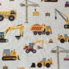0,5m fester Jungen Baumwollstoff mit Fahrzeuge auf der Baustelle – blau gelb orange rot grau – Baustellenfahrzeuge Bagger Kipper Kran Raupe Stapler – Digital – Ökotex