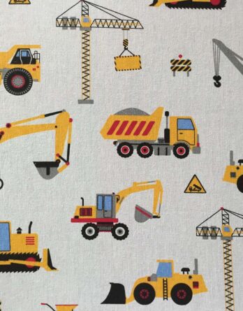 0,5m fester Jungen Baumwollstoff mit Fahrzeuge auf der Baustelle – blau gelb orange rot grau – Baustellenfahrzeuge Bagger Kipper Kran Raupe Stapler – Digital – Ökotex
