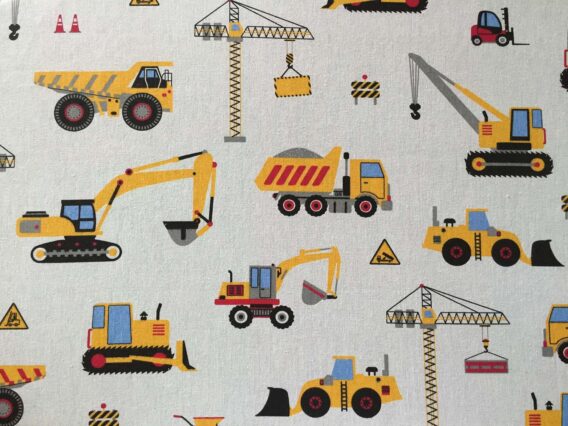 0,5m fester Jungen Baumwollstoff mit Fahrzeuge auf der Baustelle – blau gelb orange rot grau – Baustellenfahrzeuge Bagger Kipper Kran Raupe Stapler – Digital – Ökotex