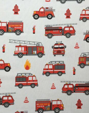 0,5m fester Jungen Baumwollstoff mit Fahrzeuge der Feuerwehr – Kranwagen Löschleiter Warnkegel Feuerlöscher – rot weiß schwarz orange – Digital – Ökotex