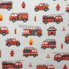 0,5m fester Jungen Baumwollstoff mit Fahrzeuge der Feuerwehr – Kranwagen Löschleiter Warnkegel Feuerlöscher – rot weiß schwarz orange – Digital – Ökotex