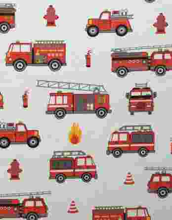0,5m fester Jungen Baumwollstoff mit Fahrzeuge der Feuerwehr – Kranwagen Löschleiter Warnkegel Feuerlöscher – rot weiß schwarz orange – Digital – Ökotex