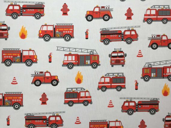 0,5m fester Jungen Baumwollstoff mit Fahrzeuge der Feuerwehr – Kranwagen Löschleiter Warnkegel Feuerlöscher – rot weiß schwarz orange – Digital – Ökotex