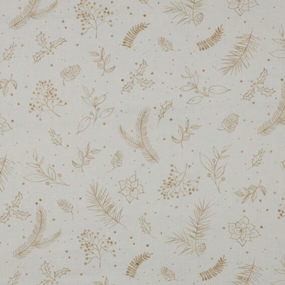 0,5m fester Canvas Baumwollstoff mit Blätter und Zweige – gold off white weiß – Christmas Winter Weihnachtsstoff – Weihnachten Home – Ökotex