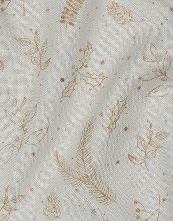 0,5m fester Canvas Baumwollstoff mit Blätter und Zweige – gold off white weiß – Christmas Winter Weihnachtsstoff – Weihnachten Home – Ökotex