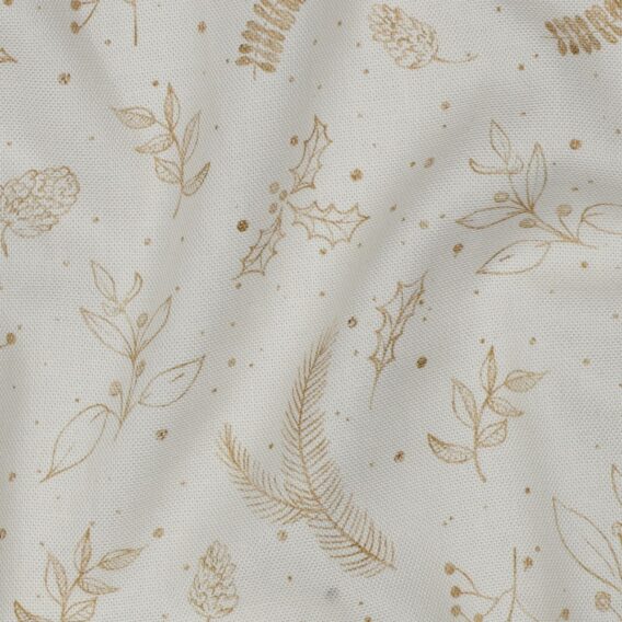 0,5m fester Canvas Baumwollstoff mit Blätter und Zweige – gold off white weiß – Christmas Winter Weihnachtsstoff – Weihnachten Home – Ökotex