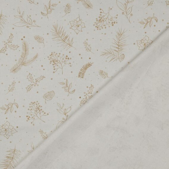 0,5m fester Canvas Baumwollstoff mit Blätter und Zweige – gold off white weiß – Christmas Winter Weihnachtsstoff – Weihnachten Home – Ökotex