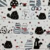 0,5m fester Baumwollstoff mit süße Katzen, Mäuse und Pfoten in Meterware – Mädchen Kinderstoff und für Katzenfreunde – rot schwarz weiß – Digital – Ökotex