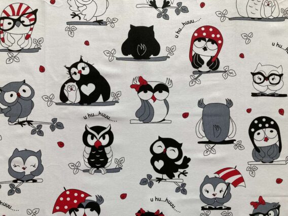 0,5m fester Baumwollstoff mit süße Eulen in Meterware – Mädchen Kinderstoff mit Tiere in rot schwarz weiß – Digital – Ökotex