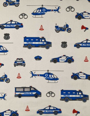 0,5m fester Jungen Baumwollstoff mit Fahrzeuge der Polizei auf weiß – Polizeiauto, Hubschrauber, Motorräder, uvm. – Digital – Ökotex