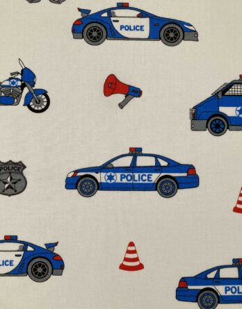 0,5m fester Jungen Baumwollstoff mit Fahrzeuge der Polizei auf weiß – Polizeiauto, Hubschrauber, Motorräder, uvm. – Digital – Ökotex