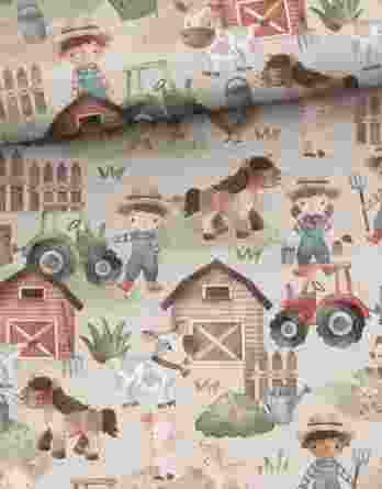 0,5m Premium Baumwollstoff mit Kinder, Traktor und Tiere am Bauernhof – Mädchen und Jungen Kinderstoff – Digital – Ökotex