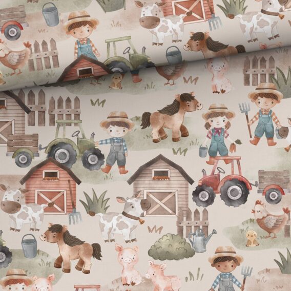 0,5m leichter Baumwolljersey mit Kinder, Tiere und Traktor am Bauernhof – Pferde, Kühe, Schweine, Hühner, usw. – Mädchen und Jungen Kinderstoff zum Nähen – Digital – Ökotex