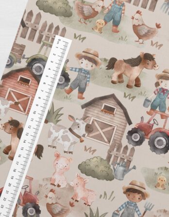 0,5m leichter Baumwolljersey mit Kinder, Tiere und Traktor am Bauernhof – Pferde, Kühe, Schweine, Hühner, usw. – Mädchen und Jungen Kinderstoff zum Nähen – Digital – Ökotex