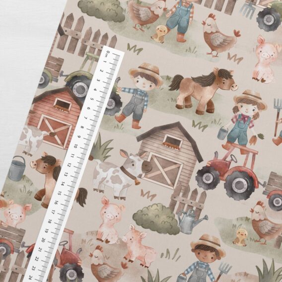 0,5m leichter Baumwolljersey mit Kinder, Tiere und Traktor am Bauernhof – Pferde, Kühe, Schweine, Hühner, usw. – Mädchen und Jungen Kinderstoff zum Nähen – Digital – Ökotex