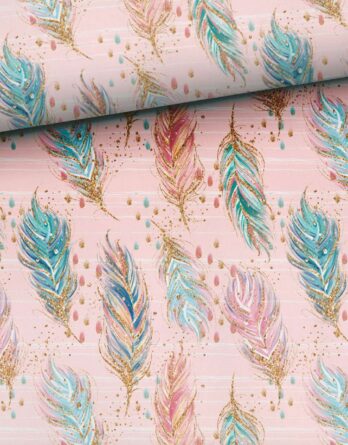 0,5m Premium Baumwollstoff mit hübschen Federn in gold, mint, türkis, blau, lila, usw. auf rosa – Damen und Mädchen Kinderstoff – Digital – Ökotex